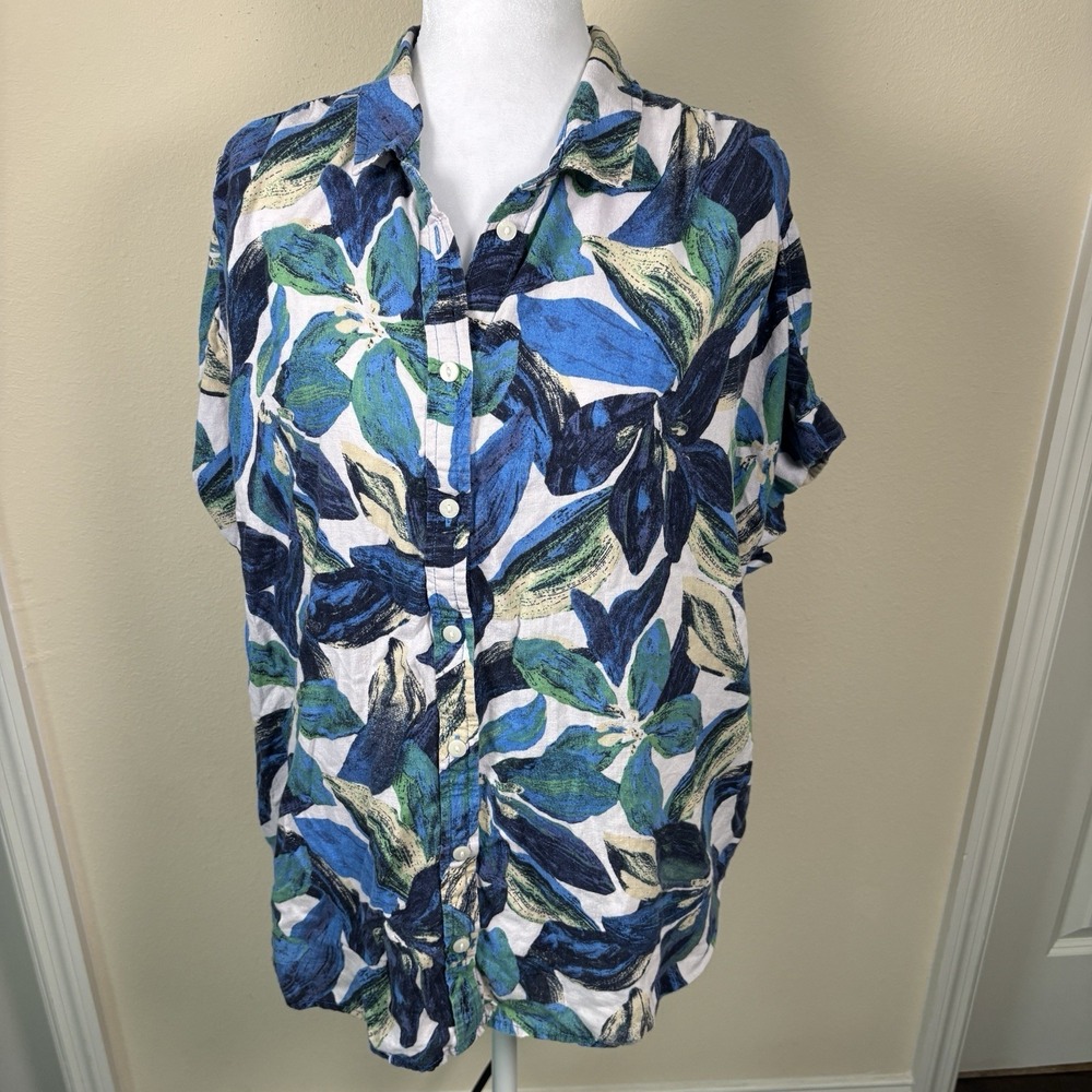 Time & Tru Women's Xl Button Down Blouse Linen Blend Beach Coastal Breathable